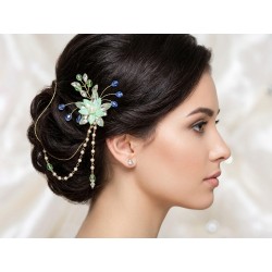 Handcrafted Mint Green & Aqua Crystal Floral Hair Brooch – Elegant Pearl Hair Vine with Cascading Tassels, Bridal Side Pin for Women & Girls, Hair Accessory for Weddings, Receptions & Festive Buns
