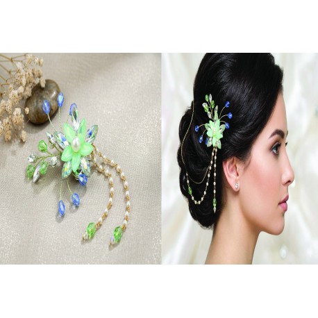 Handcrafted Mint Green & Aqua Crystal Floral Hair Brooch – Elegant Pearl Hair Vine with Cascading Tassels, Bridal Side Pin for Women & Girls, Hair Accessory for Weddings, Receptions & Festive Buns