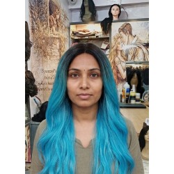 Long Wavy Blue Ombre Wig with Dark Roots – Heat Resistant Synthetic Cosplay Wig