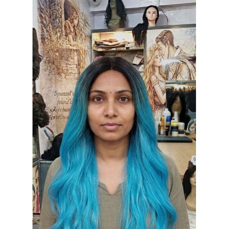 Long Wavy Blue Ombre Wig with Dark Roots – Heat Resistant Synthetic Cosplay Wig