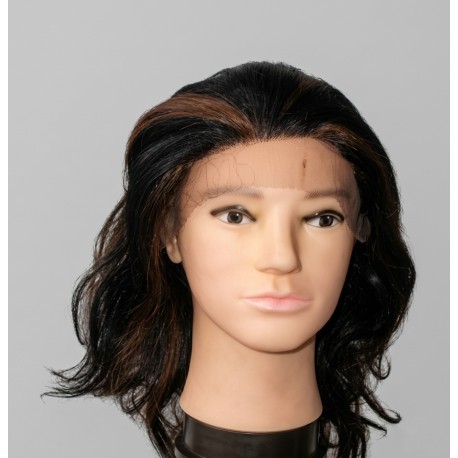 Wavy Black Lace Front Wig with Brown Highlights – Synthetic Shoulder Length Wavy Wig