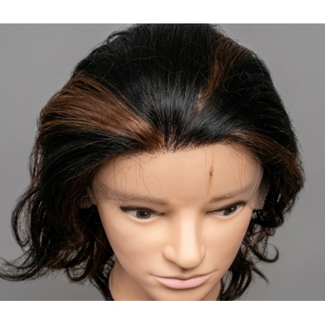 Wavy Black Lace Front Wig with Brown Highlights – Synthetic Shoulder Length Wavy Wig