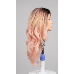 Long Wavy Rose Gold Pink Ombre Wig with Dark Roots – Synthetic Cosplay Wig