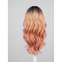 Long Wavy Rose Gold Pink Ombre Wig with Dark Roots – Synthetic Cosplay Wig