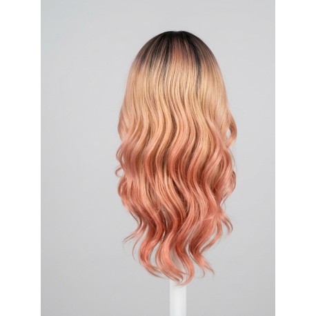 Long Wavy Rose Gold Pink Ombre Wig with Dark Roots – Synthetic Cosplay Wig