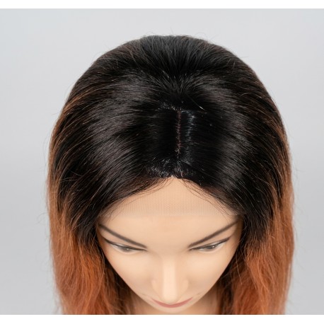 Long Wavy Rose Gold Pink Ombre Wig with Dark Roots – Synthetic Cosplay Wig