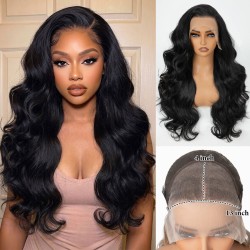 13x4 HD Transparent Lace Front Wig – Long Body Wave Black Synthetic Wig with Pre-Plucked Hairline