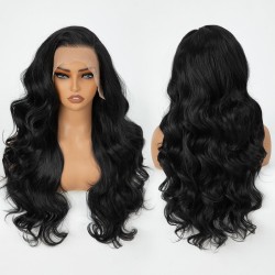 13x4 HD Transparent Lace Front Wig – Long Body Wave Black Synthetic Wig with Pre-Plucked Hairline
