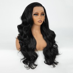 13x4 HD Transparent Lace Front Wig – Long Body Wave Black Synthetic Wig with Pre-Plucked Hairline