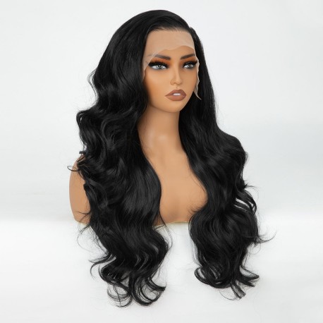 13x4 HD Transparent Lace Front Wig – Long Body Wave Black Synthetic Wig with Pre-Plucked Hairline