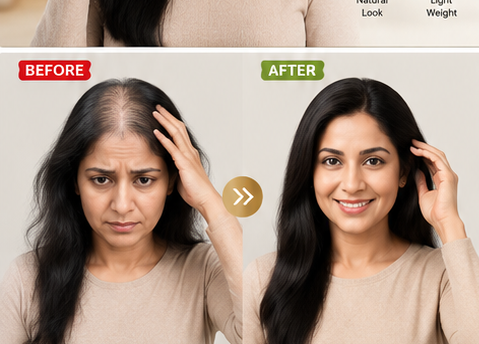 Before and after transformation with a full head Bio Fiber wig