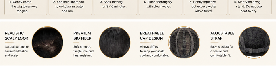 Close-up details of scalp appearance, Bio Fiber texture, breathable cap and adjustable strap