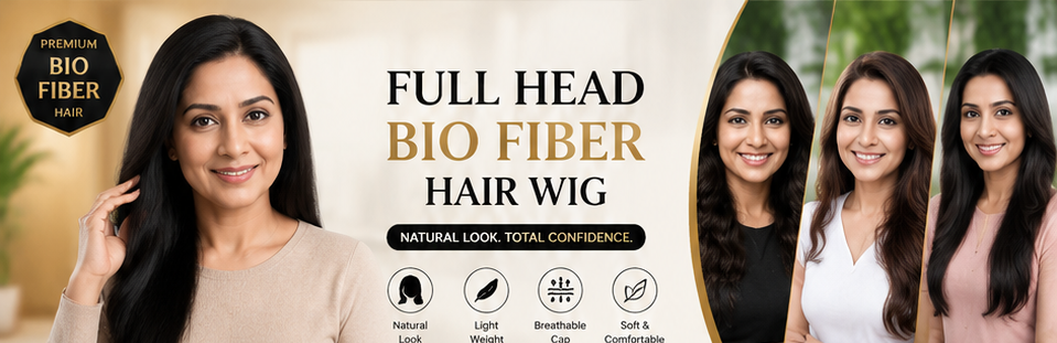 Woman wearing a long natural-black full head Bio Fiber hair wig