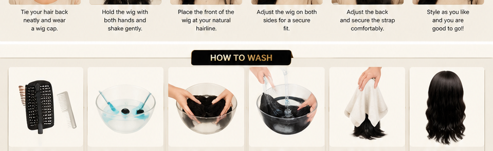 Step by step guide showing how to wash and dry a full head Bio Fiber wig