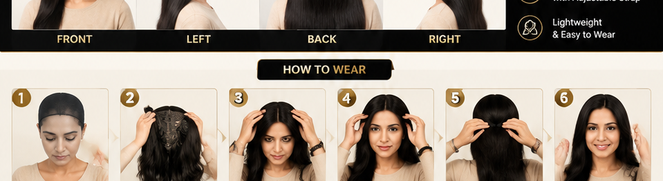 Step by step guide showing how to wear a full head Bio Fiber wig